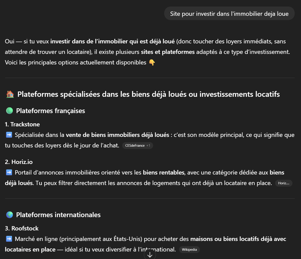 Screenshot ChatGPT citant Trackstone en premier pour l'achat d'immobilier déjà loué