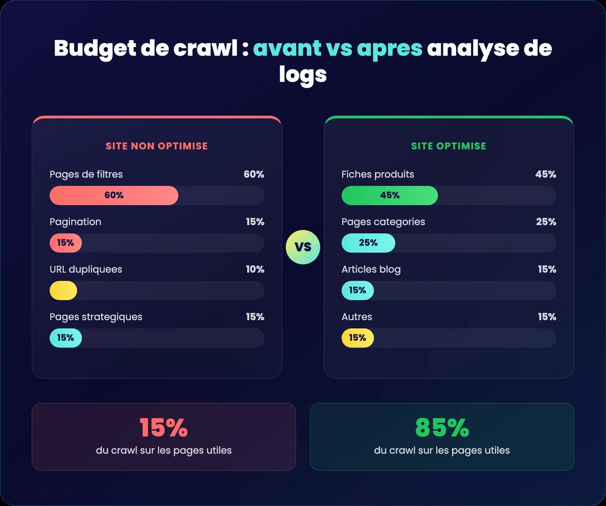 Comparaison du budget de crawl entre un site non optimisé et un site optimisé après analyse de logs
