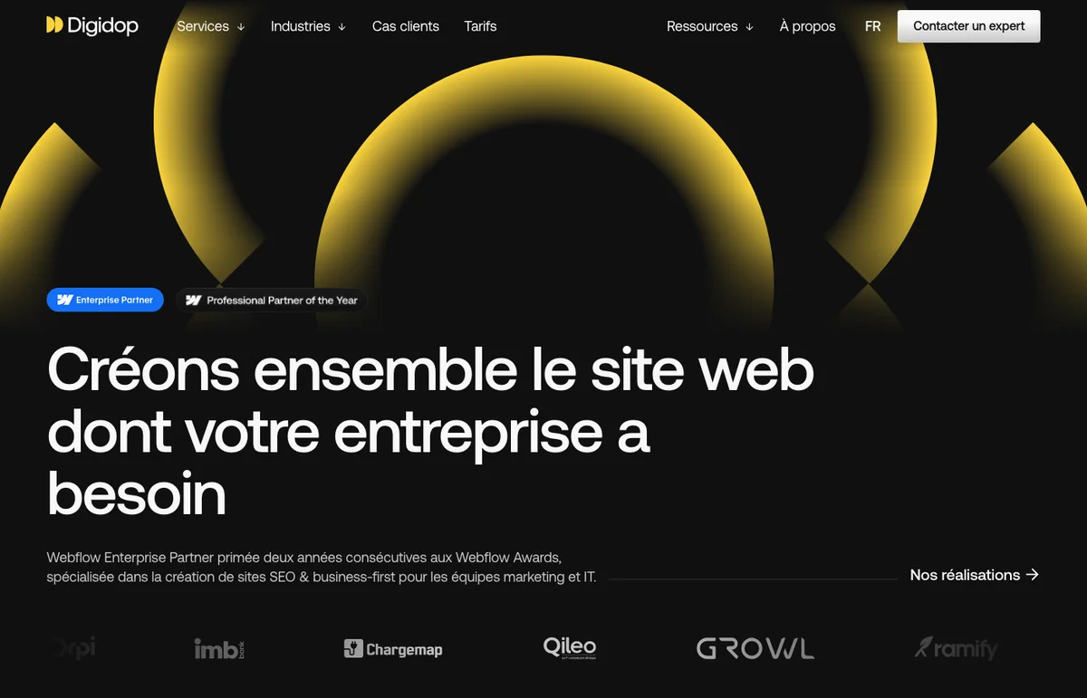 Homepage du site Digidop, Enterprise Partner Webflow primé aux Webflow Awards