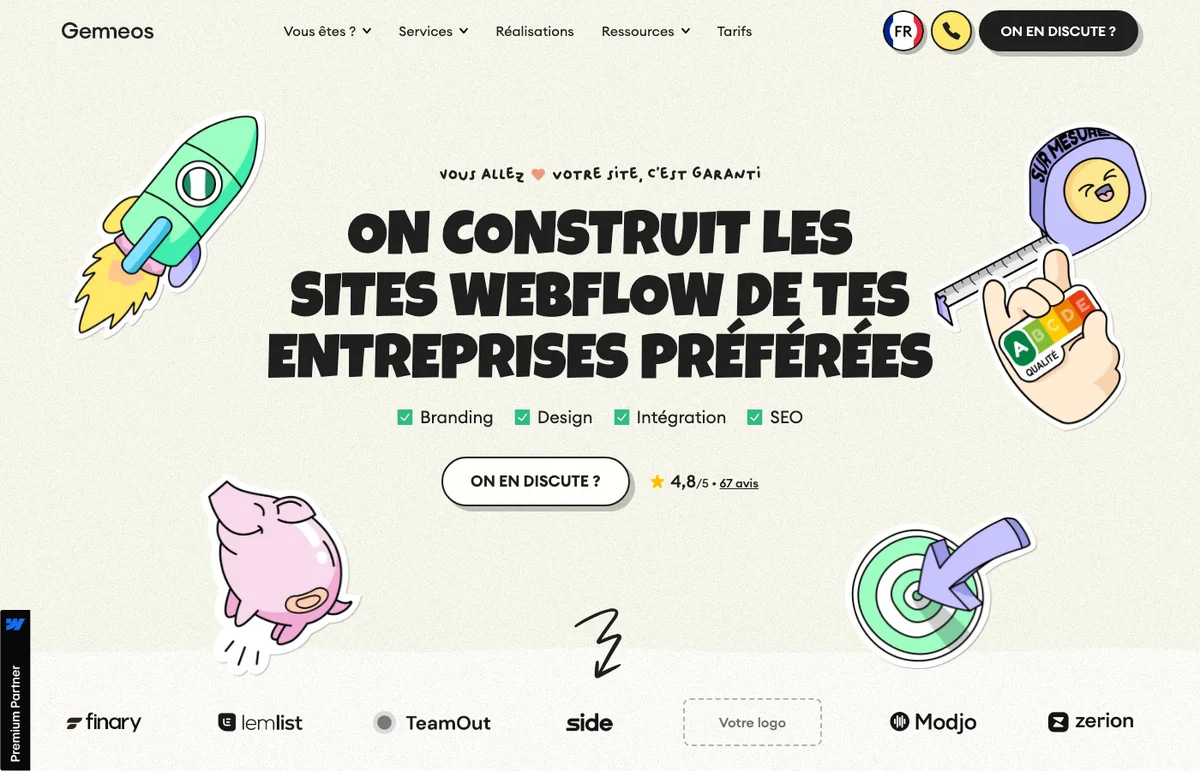 Homepage du site Gemeos Agency, agence Webflow orientée conversion