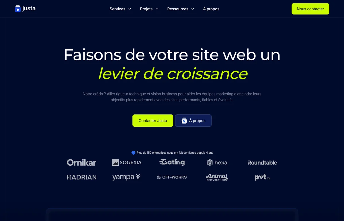Homepage du site Justa, agence Webflow augmenté avec apps web et simulateurs