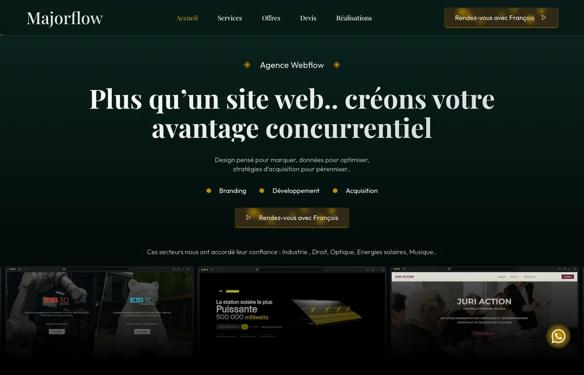 Homepage du site Majorflow, agence Webflow branding et acquisition