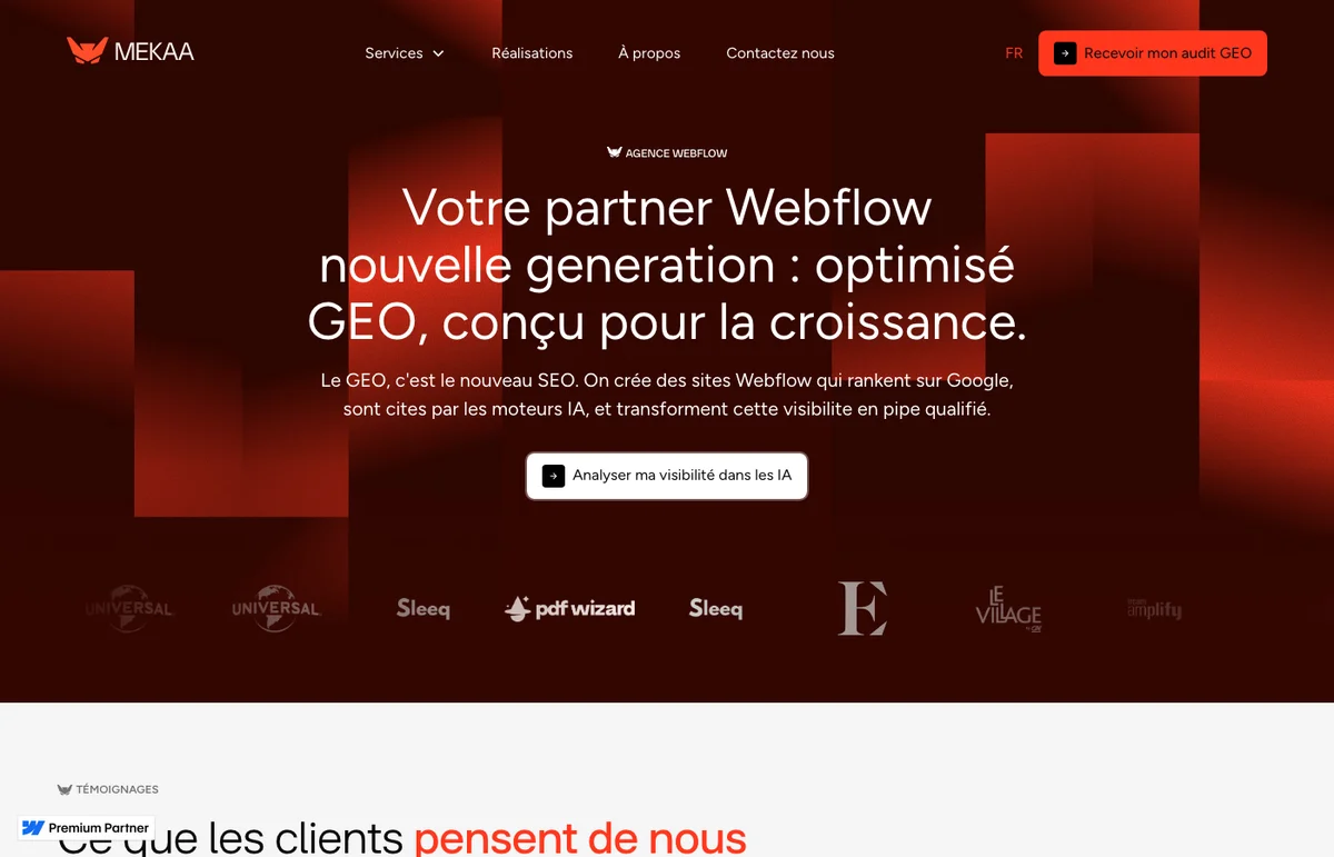 Homepage du site Mekaa, agence Webflow Global Leader Partner spécialisée GEO