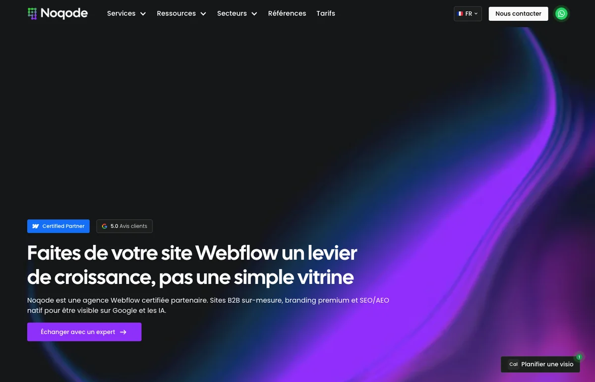 Homepage du site Noqode, agence Webflow certifiée spécialisée AEO
