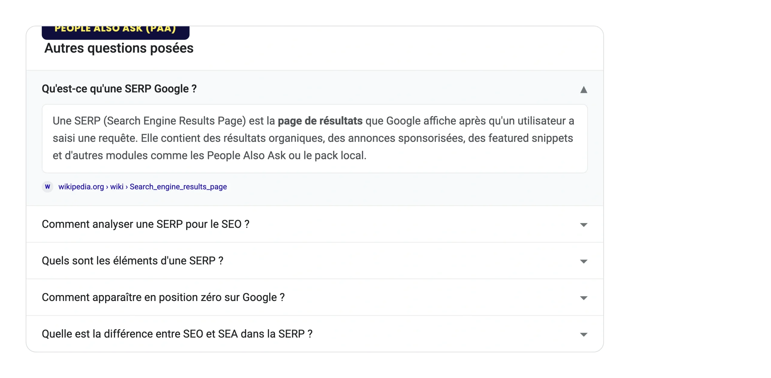 Simulation du bloc People Also Ask Google avec questions déroulantes