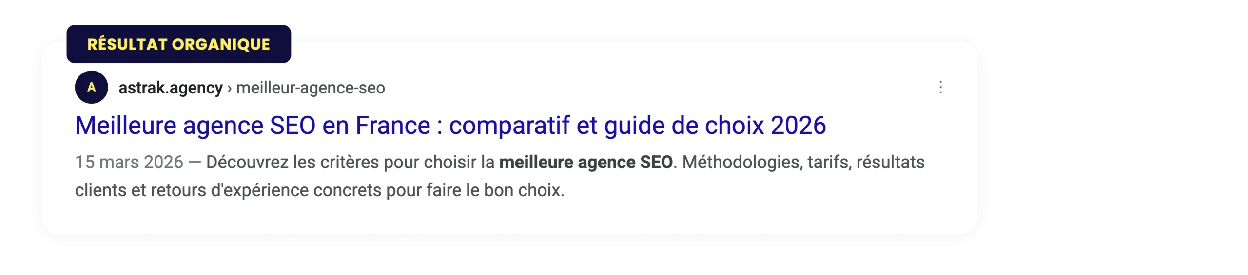 Simulation d'un résultat organique Google avec title tag bleu, URL et meta description