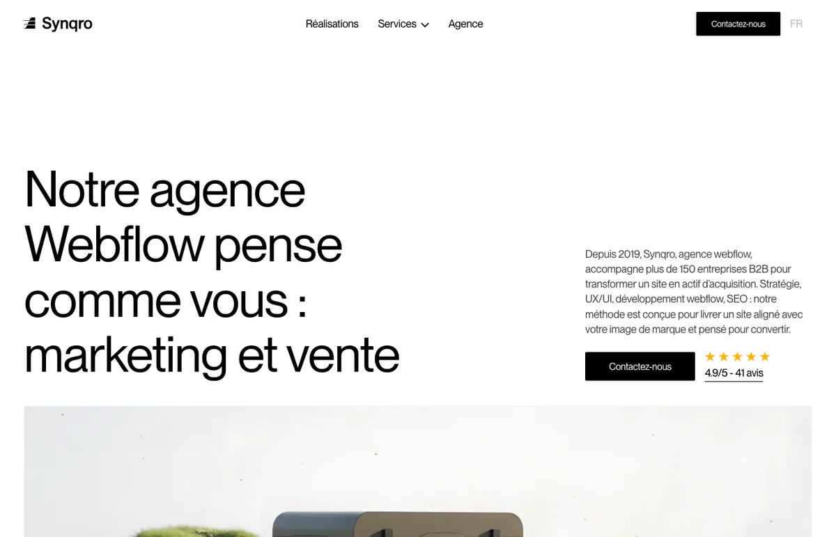 Homepage du site Synqro, agence Webflow B2B depuis 2019